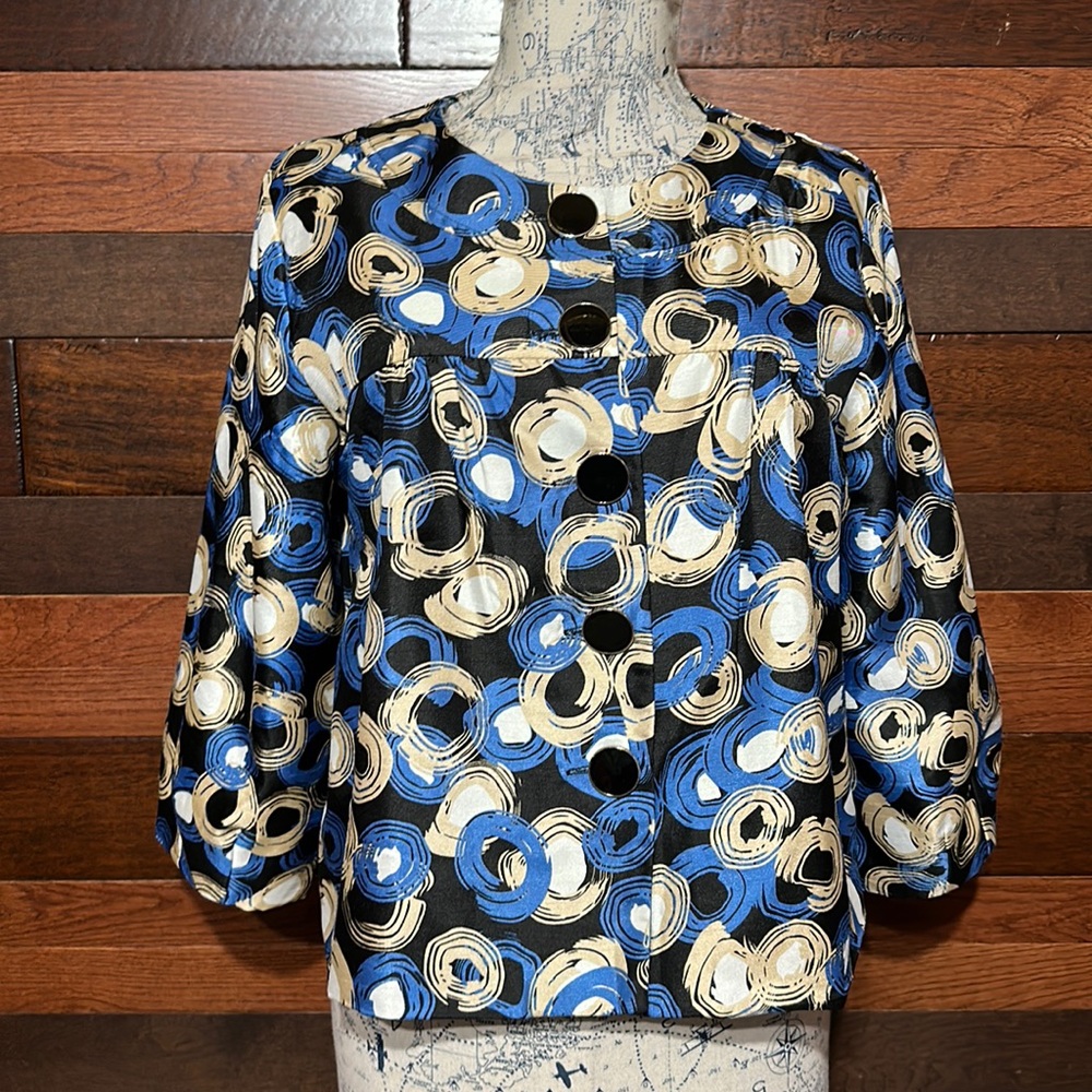 Bay Studio Crew Neck 3/4 Puffy Sleeve Shiny Geometric Pattern Blazer